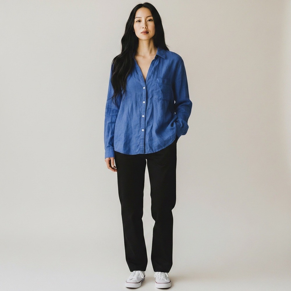 Sigrid Olsen Womens Blue Linen Button Down Roll Tab Sleeve Shirt Large